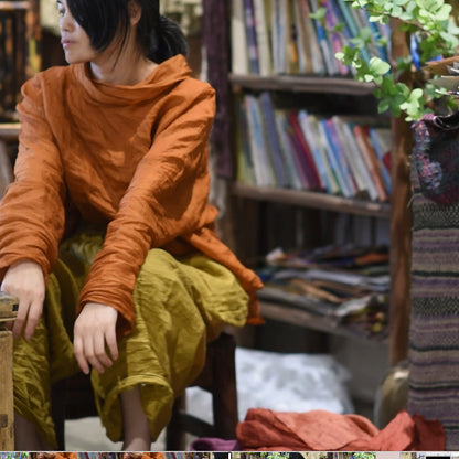 2025    23/8/tea tea/early autumn literary and retro two-color ramie high-neck shoulder loose shirt bottoming shirt