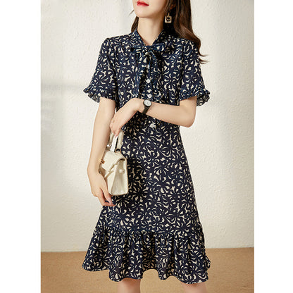 2025 summer women's clothing mulberry silk medium and long first love coffee break skirt silk fishtail dress bow floral skirt