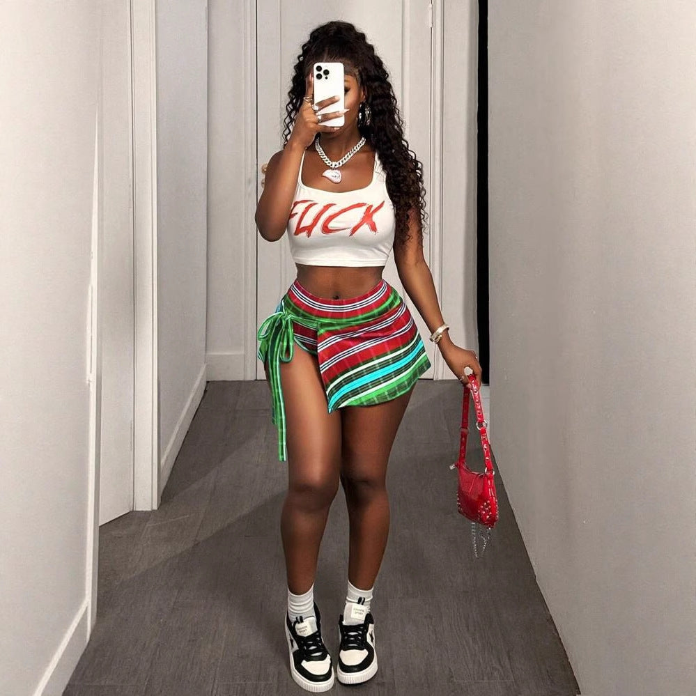summer new women's clothing New Popular trade personalized trend splicing printing tether waist skirt