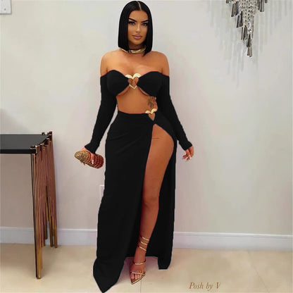 new New Popular trade solid color long-sleeved sexy short navel top split-ended long skirt skirt suit women