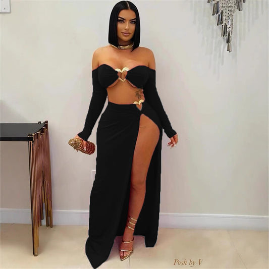 new New Popular trade solid color long-sleeved sexy short navel top split-ended long skirt skirt suit women