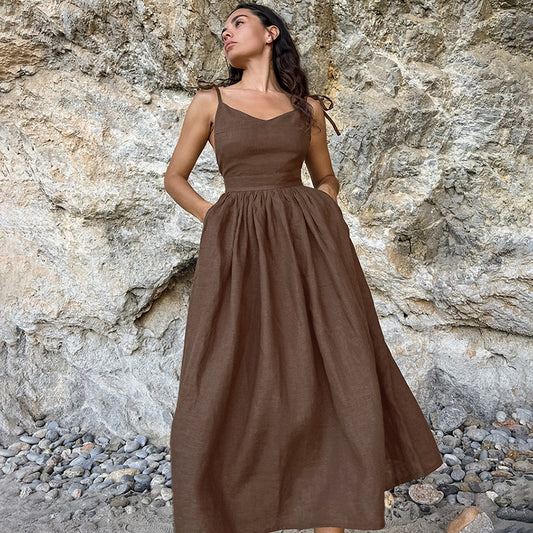 2025 khaki cotton and linen breathable suspender high waist dress   spring new holiday style long dress women