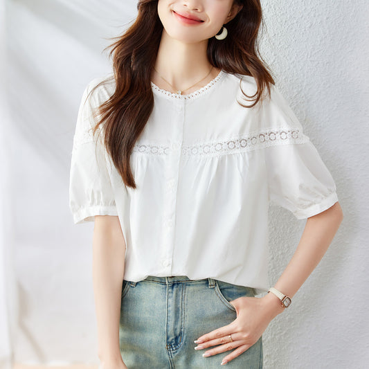 Cotton cocoon, Korean version of the new lace lace embroidered splicing short-sleeved shirt