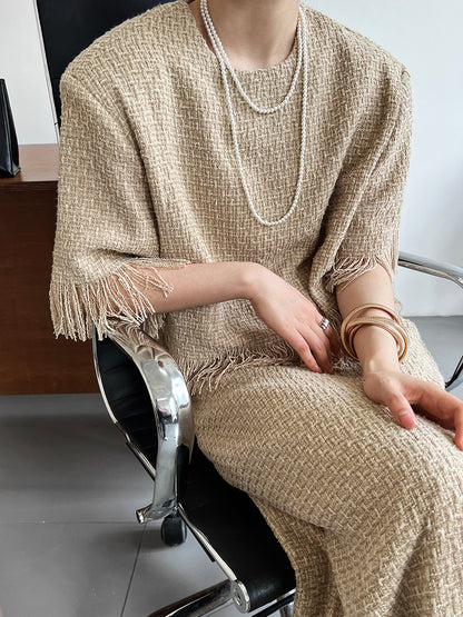 Luxi, spring  small fragrant style suit women's fringed top + split skirt fashion two-piece set 5586