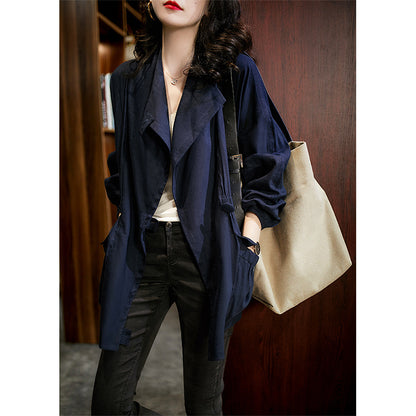 2025 Lapel linen tooling spring and autumn thin trench coat short, khaki navy blue  new spring women's clothing
