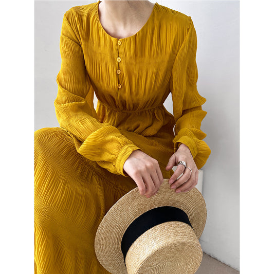 Luxi  women's new  pleated dress Korean waist chiffon long-sleeved fairy dress 3686