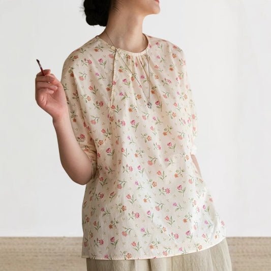 2025 popular shirt, ramie printed shirt, literary and fresh age-reducing shirt, women's floral top