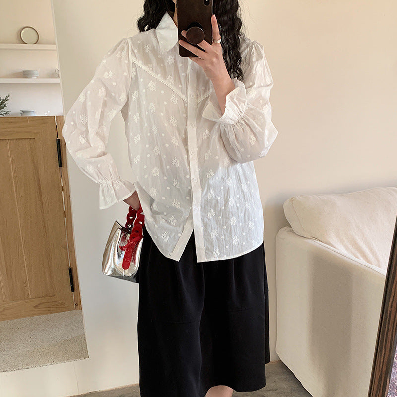 [Customized] Shirt Girl  Spring New Heavy Industry Embroidery Flower White Pure Cotton Medium and Long Commuter Shirt