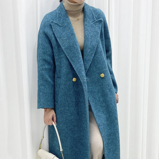 2025 Long-haired mulberry silk wool suit collar two buttons sleeves cracked double-sided cashmere coat blue woolen coat women