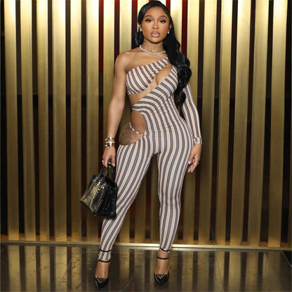 popular autumn new New Popular trade  elastic striped slim-fit sexy Spice Girl hollow jumpsuit jumpsuit