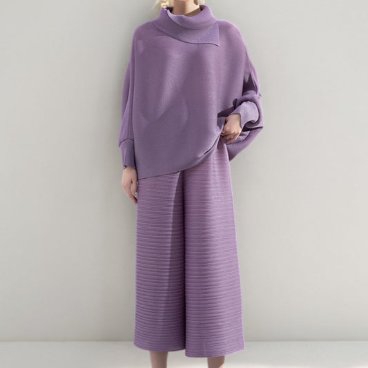 2025 suit spring and summer women's two-piece set slightly fat high-end women's bat-sleeved top loose seven-point casual pants tide