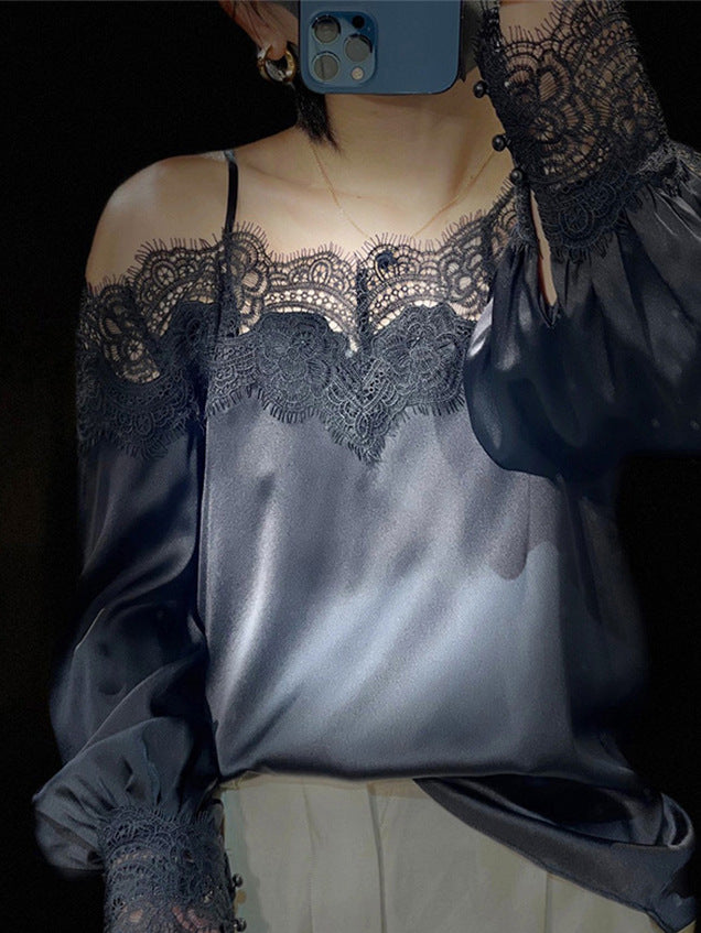 2025 early spring new design sense niche casual fashion temperament one-word collar lace splicing silk shirt women