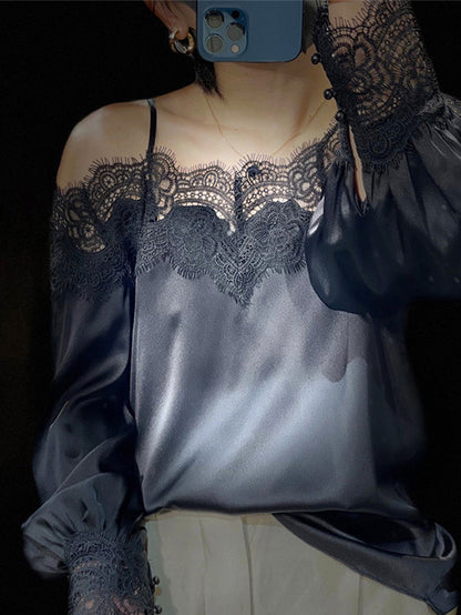 2025 early spring new design sense niche casual fashion temperament one-word collar lace splicing silk shirt women