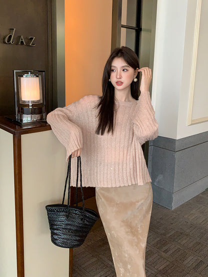 2025 popular autumn new Korean version versatile loose long-sleeved wool knitted sweater women's crew neck sweater 25017