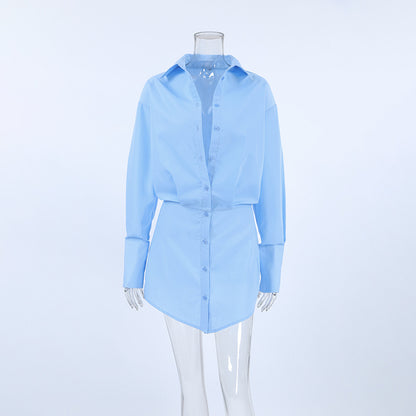 2025 Spring and summer fresh blue loose lapel shirt sleeve hip wrap slim dress New  fashion pencil skirt women