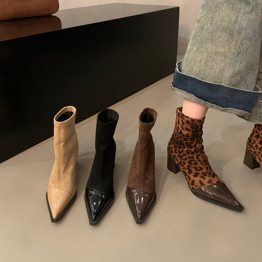 2025  Thick high heels pointed thin boots short boots women's shoes popular new autumn and winter single boots leopard print  temperament small bare boots