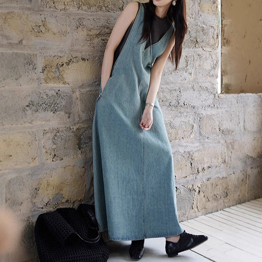 2025 summer new vacation V-neck sexy denim suspender dress adjustable skirt length backless white A-shaped skirt women
