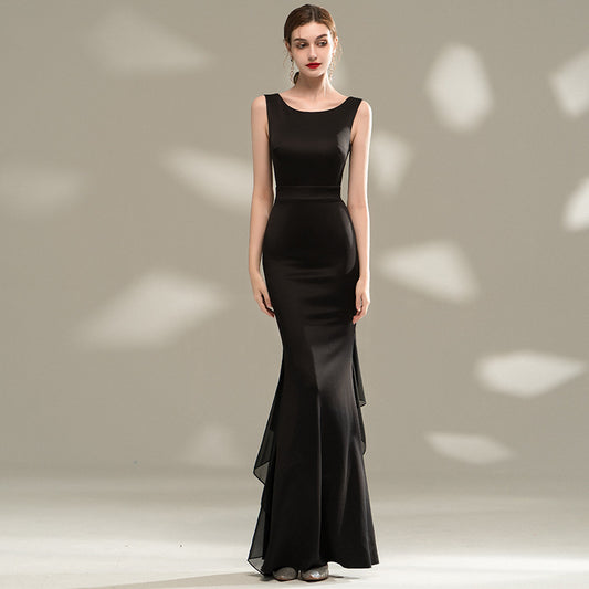2025 Black art exam solo evening dress dress girl  new slim temperament banquet haute couture fishtail host long