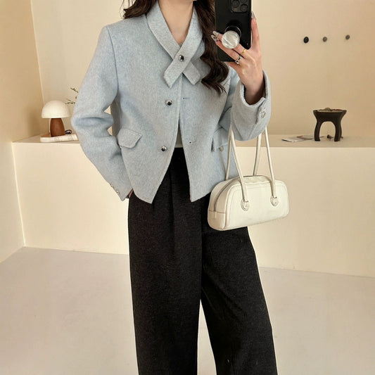 2025 Scarf collar Solid color small fragrant wind round neck single-breasted front shoulder short double-sided wool woolen coat coat women