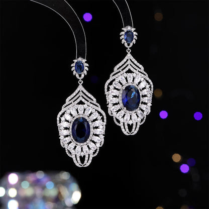 2025 luxury retro court style exaggerated long zircon stud earrings elegant silver needle bridal dress ear jewelry