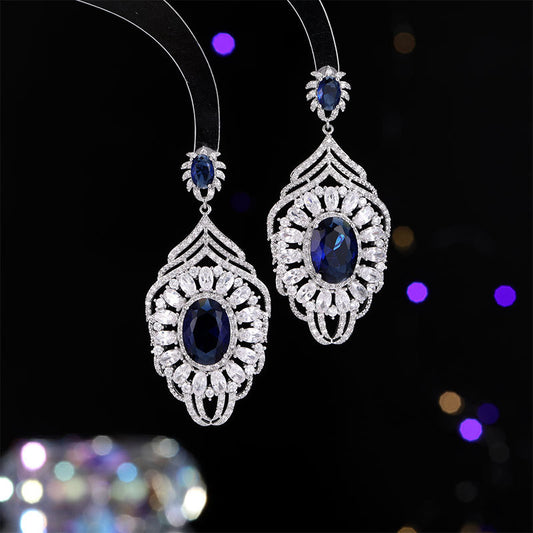 2025 luxury retro court style exaggerated long zircon stud earrings elegant silver needle bridal dress ear jewelry