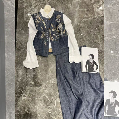 2025 Niche high-end embroidery washed denim vest spring and summer  new loose and thin linen trousers set
