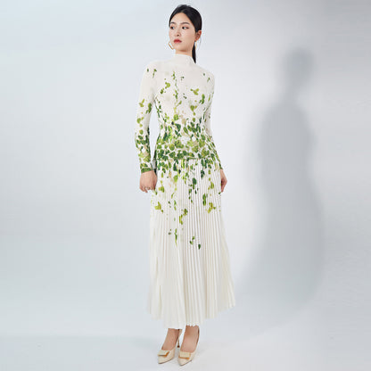 2025 Nanyou high-end women's clothing fashion pleated suit temperament slim-fit printed long-sleeved top A-word skirt two-piece set