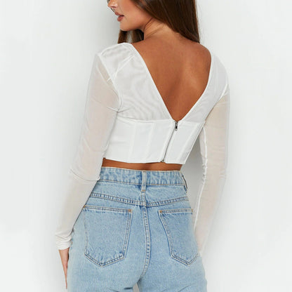 2025 eBay hot-selling  summer Spice Girls new square collar solid color T-shirt backless long-sleeved zipper top women