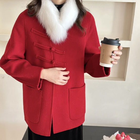 2025 Fox hair can be removed from the new Chinese buckle diagonal buckle, double-sided wool jacket woolen coat women's new autumn and winter models