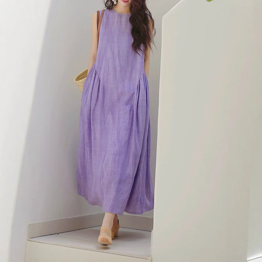 2025 summer new fried silk and hemp round neck sleeveless big pendulum long sleeveless dress vest skirt