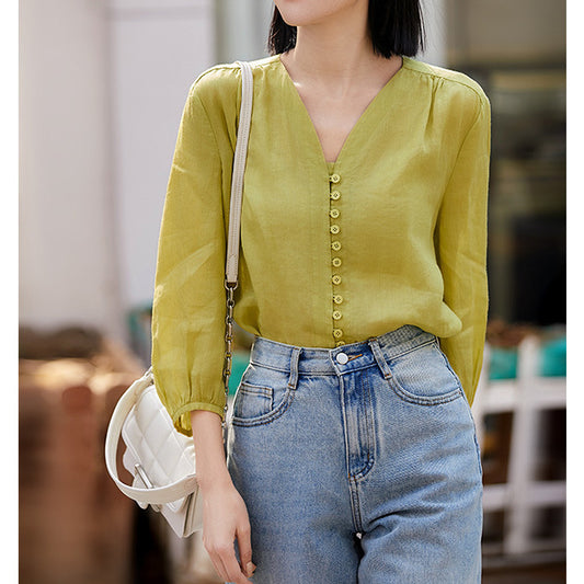 2025 Breathing ramie shirt, four-color nine-point bubble-sleeved shirt, shirt  summer new women's top
