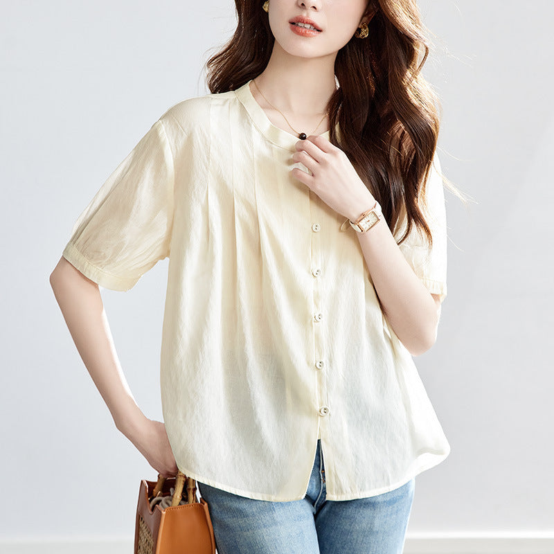 [Customized] Crew neck apricot shirt women's short sleeves  summer thin loose top Tencel shirt lining