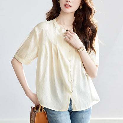 [Customized] Crew neck apricot shirt women's short sleeves  summer thin loose top Tencel shirt lining