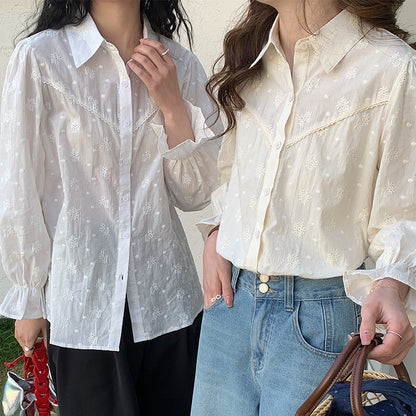 [Customized] Shirt Girl  Spring New Heavy Industry Embroidery Flower White Pure Cotton Medium and Long Commuter Shirt
