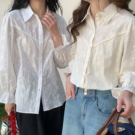 [Customized] Shirt Girl  Spring New Heavy Industry Embroidery Flower White Pure Cotton Medium and Long Commuter Shirt