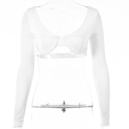 2025 sexy V-neck Spice Girls chest-wrapped T-shirt  summer new solid color U-shaped backless long-sleeved navel top