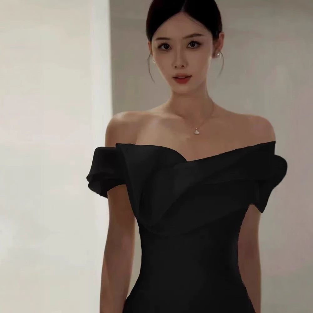 2025 black one-word shoulder satin banquet annual meeting host birthday temperament fishtail trailing evening dress dress