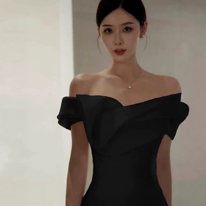 2025 black one-word shoulder satin banquet annual meeting host birthday temperament fishtail trailing evening dress dress