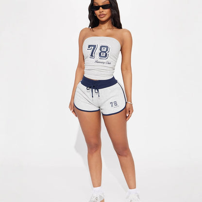 summer  New casual n digital printed tube top waist-length lace-up shorts set