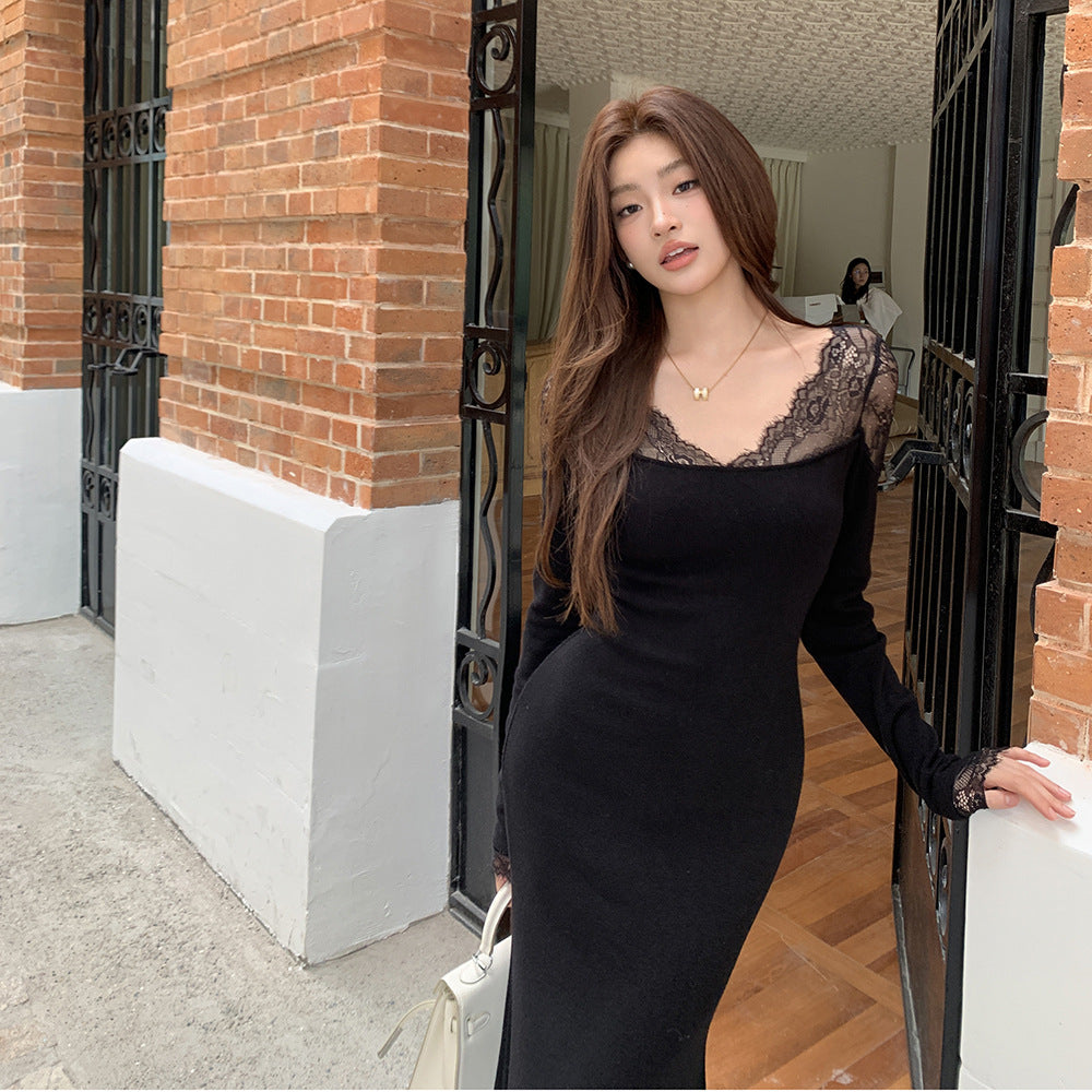 2025 Pure desire V-neck lace splicing hip-wrapped fishtail skirt women's autumn temperament advanced sense waist base inner dress