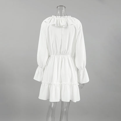 2025 Early autumn fashionable white chiffon sexy slim V-neck ruffle edge long-sleeved lace-up dress casual women's wholesale