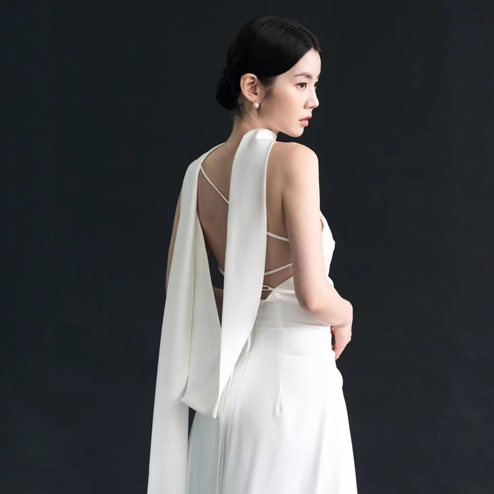 2025 Light wedding dress, white one-shoulder streamer design, morning robe, certificate, small white skirt, high-end niche light dress, fishtail skirt pendulum