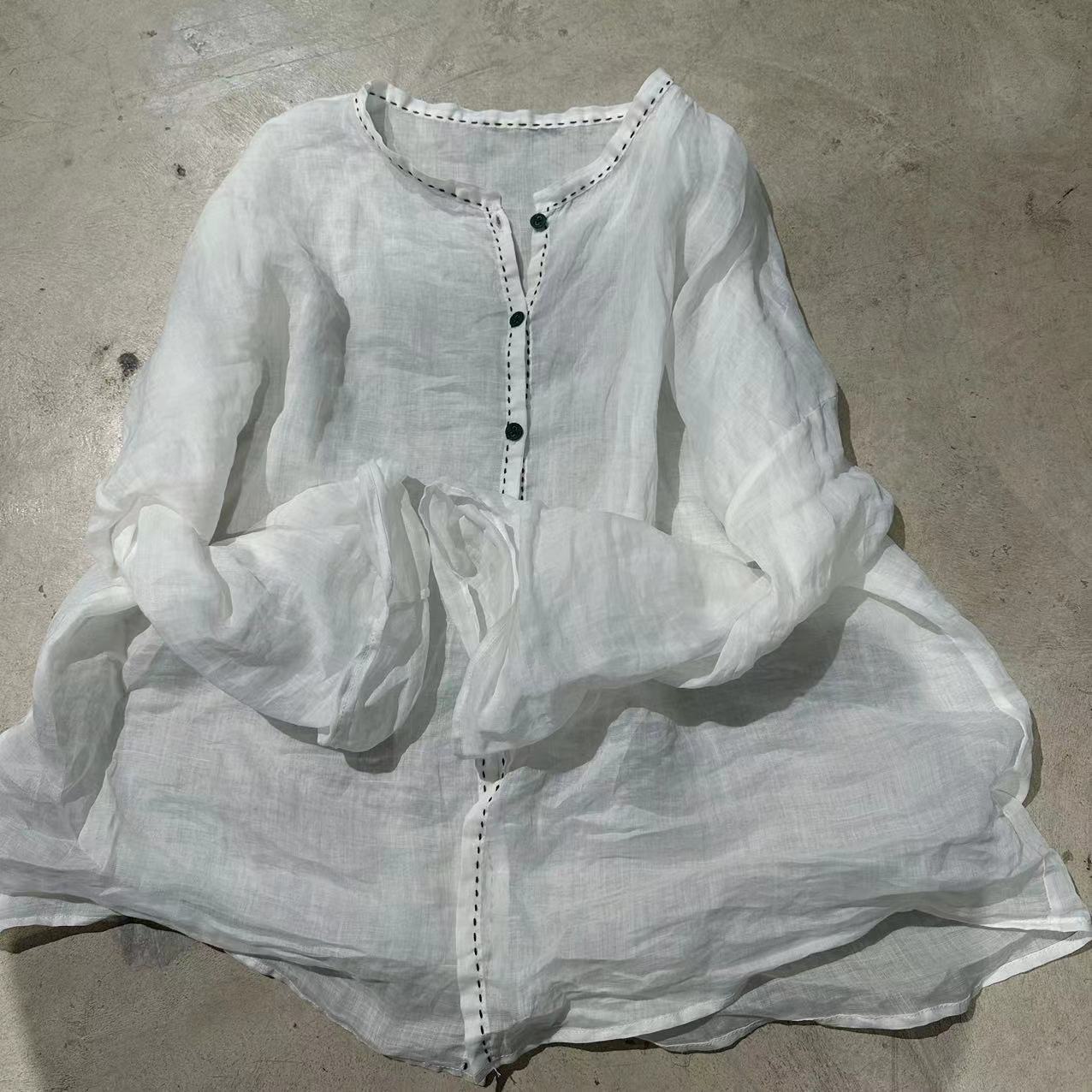 2025    23/3 Xiaochu, inner literary and retro light and thin ramie loose shoulder crew neck button-down shirt