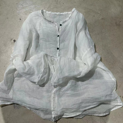 2025    23/3 Xiaochu, inner literary and retro light and thin ramie loose shoulder crew neck button-down shirt