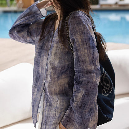 2025 100% ramie smudged small lining new Chinese casual shirt  spring and summer printed shirt national style women's top