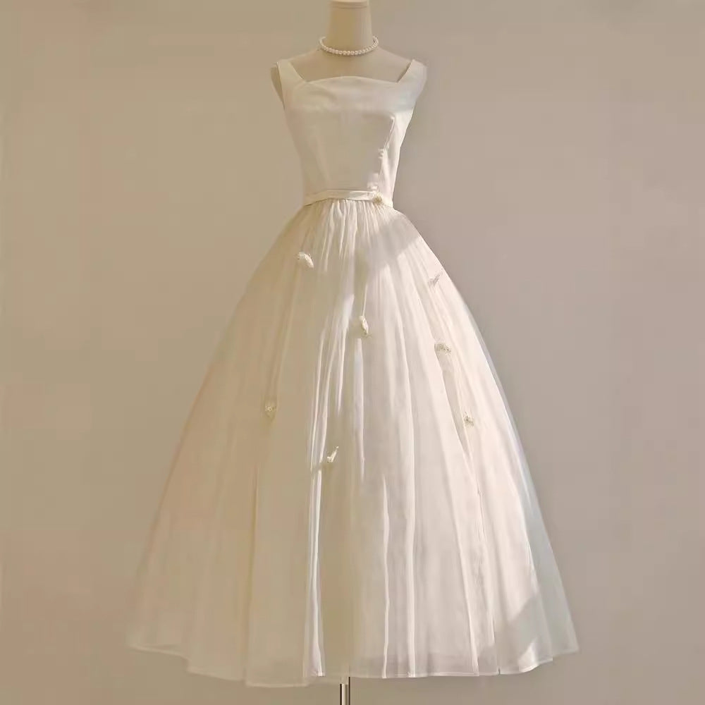 2025 light wedding dress bride small simple suspender collar small white dress retro super fairy temperament engagement dress