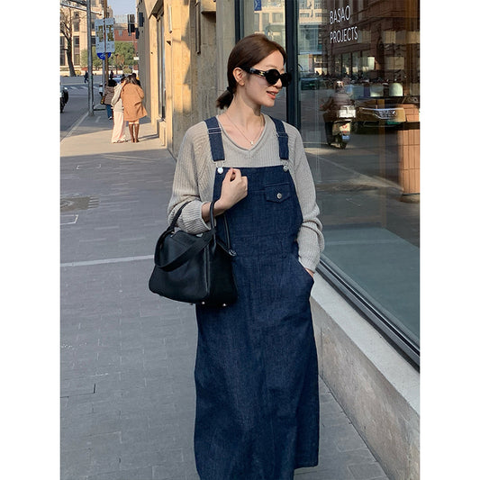 2025 THE MIND denim strap skirt 2025 thirteen lines early spring new Korean version design long suspender skirt T211