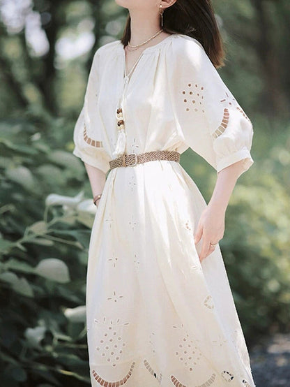 2025 gentle wind white hollow dress women's  spring new bohemian niche design skirt