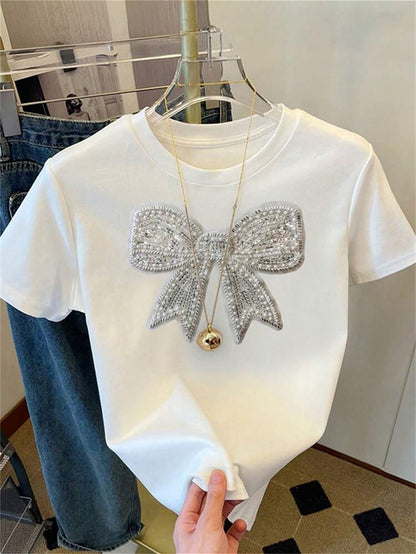 summer new women's clothing New Popular trade fashion casual commuting loose round neck bow printed T-shirt short