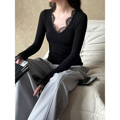 Luxi, sexy pure desire style V-neck lace lace bottoming shirt women's spring new design sense T-shirt 2862